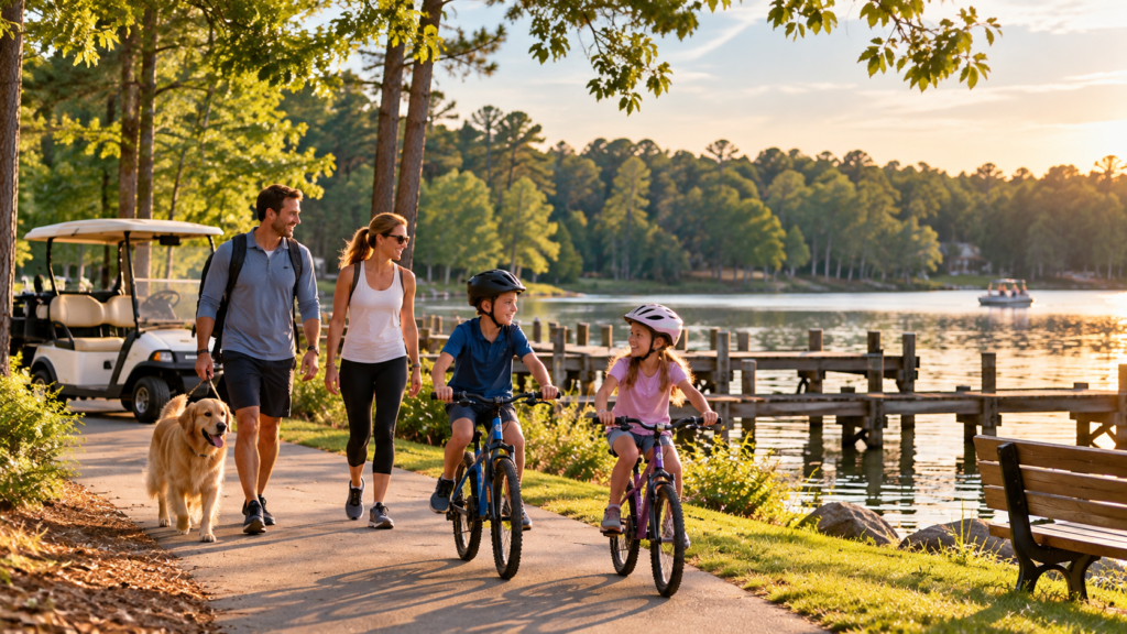 Family biking and walking along a lakeside path in Peachtree City, Georgia
