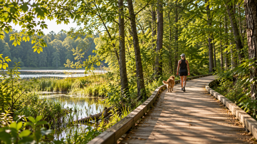 Woman walking her dog along a wooded lakeside trail in Peachtree City, Georgia